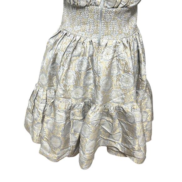 ByTimo A-Line Mini Dress Ruffled Hem Strapless Floral Brocade Blue Gold L NWOT - Picture 6 of 8